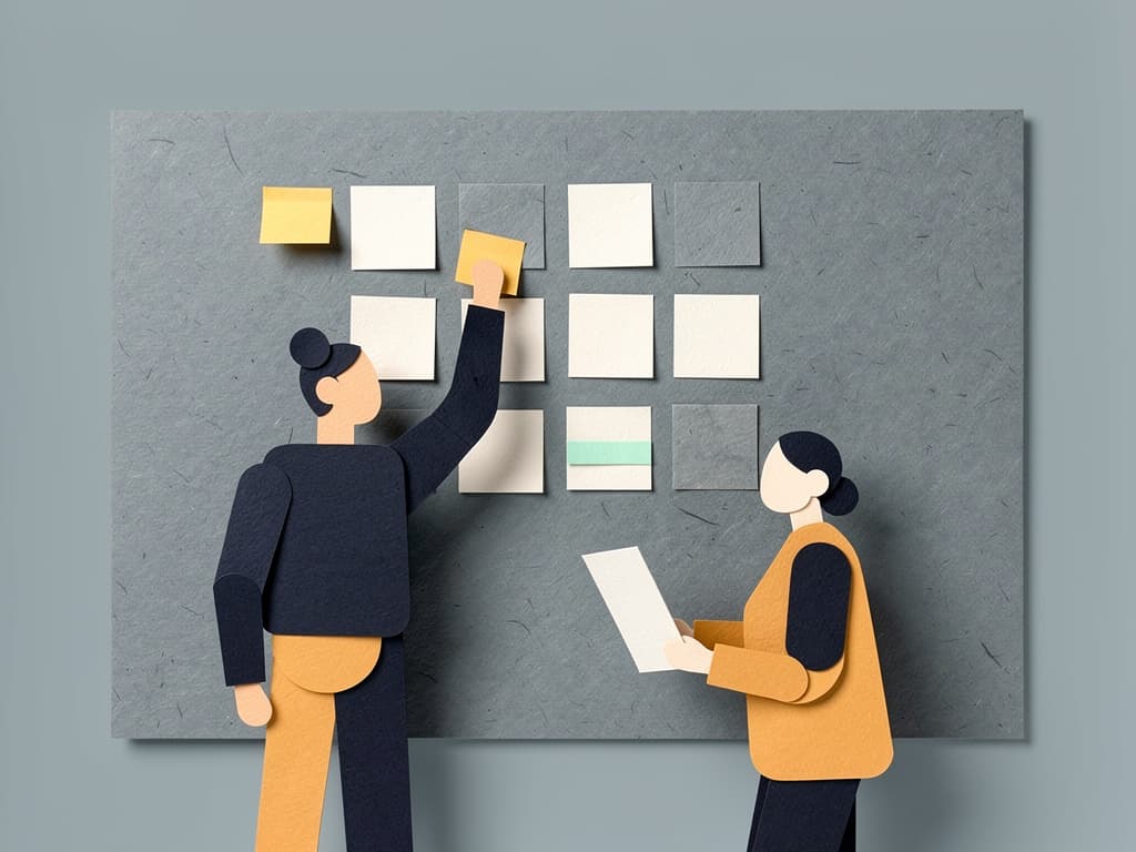 Two people pinning notes on a wall, building the workflow together, paper-cut illustration