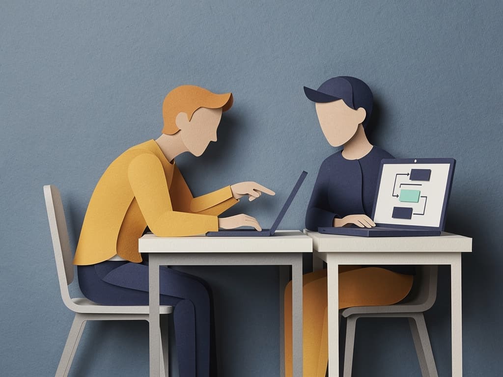 Two figures pair coding on AI work together, paper-cut illustration